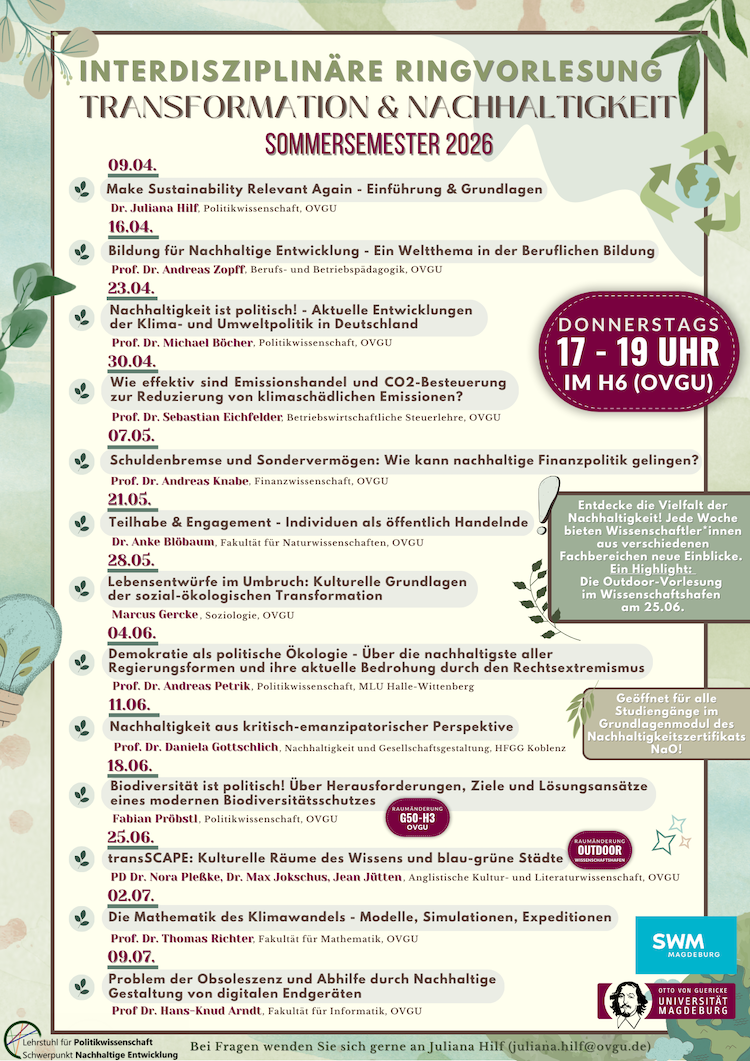 Poster zur interdisziplinären Ringvorlesung Nachhaltigkeit 2026